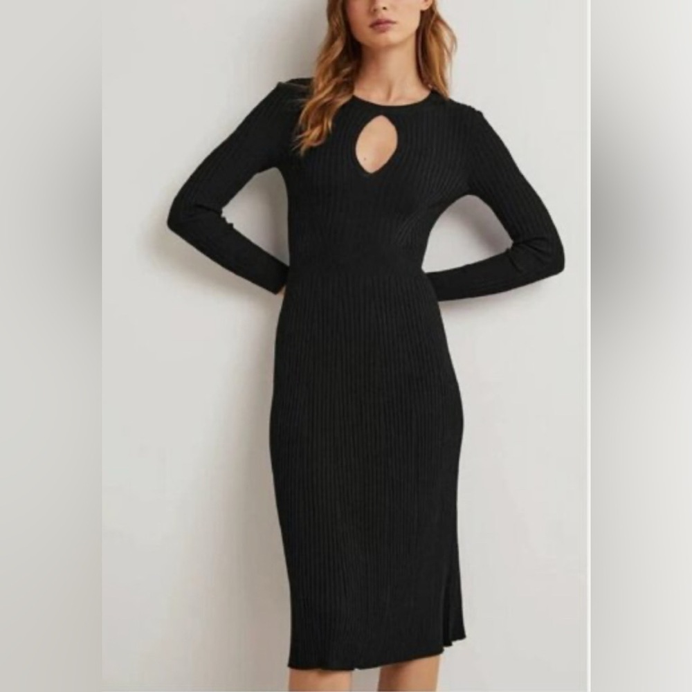 BODEN Ribbed Cut Out Dress Black Keyhole Neck Long Sleeve Fitted 6